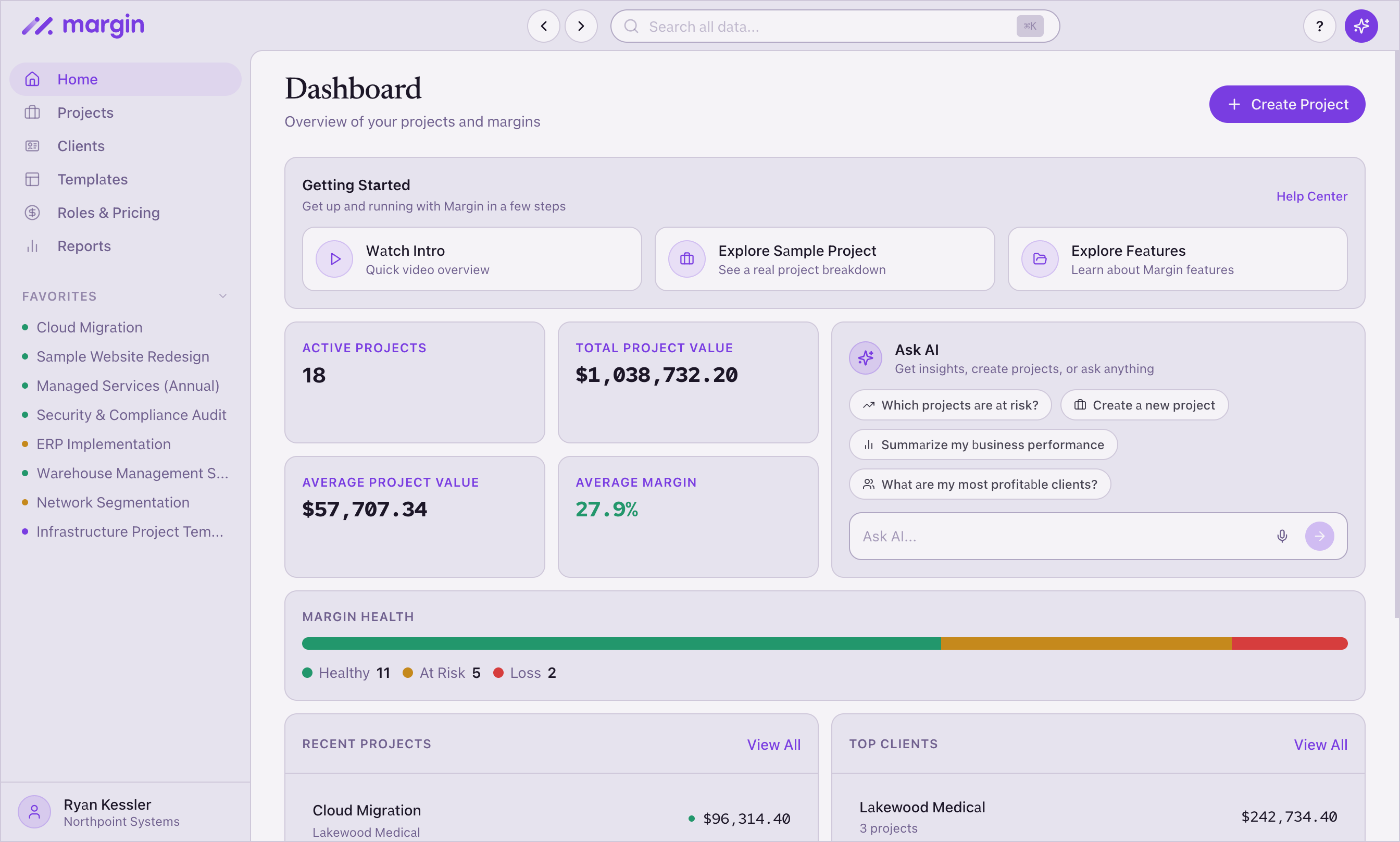 Margin dashboard showing project health scores and portfolio metrics