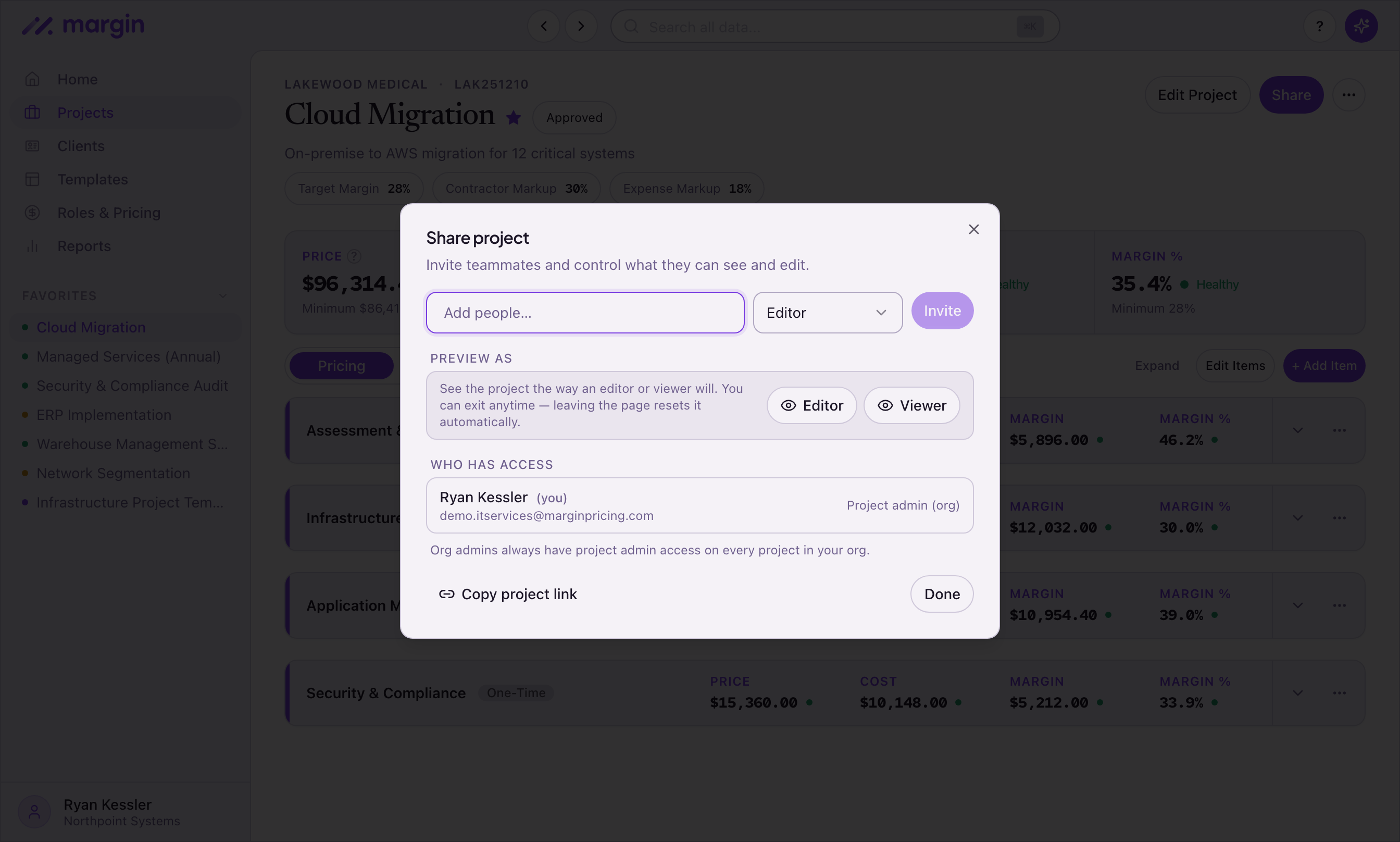 Share project dialog — invite teammates, pick a role, and preview what they'll see before sending the invite