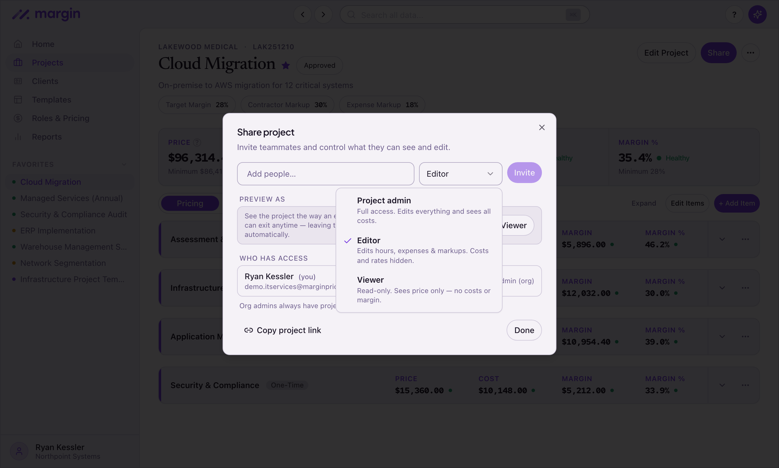 Role picker showing what Project admin, Editor, and Viewer can each see and edit