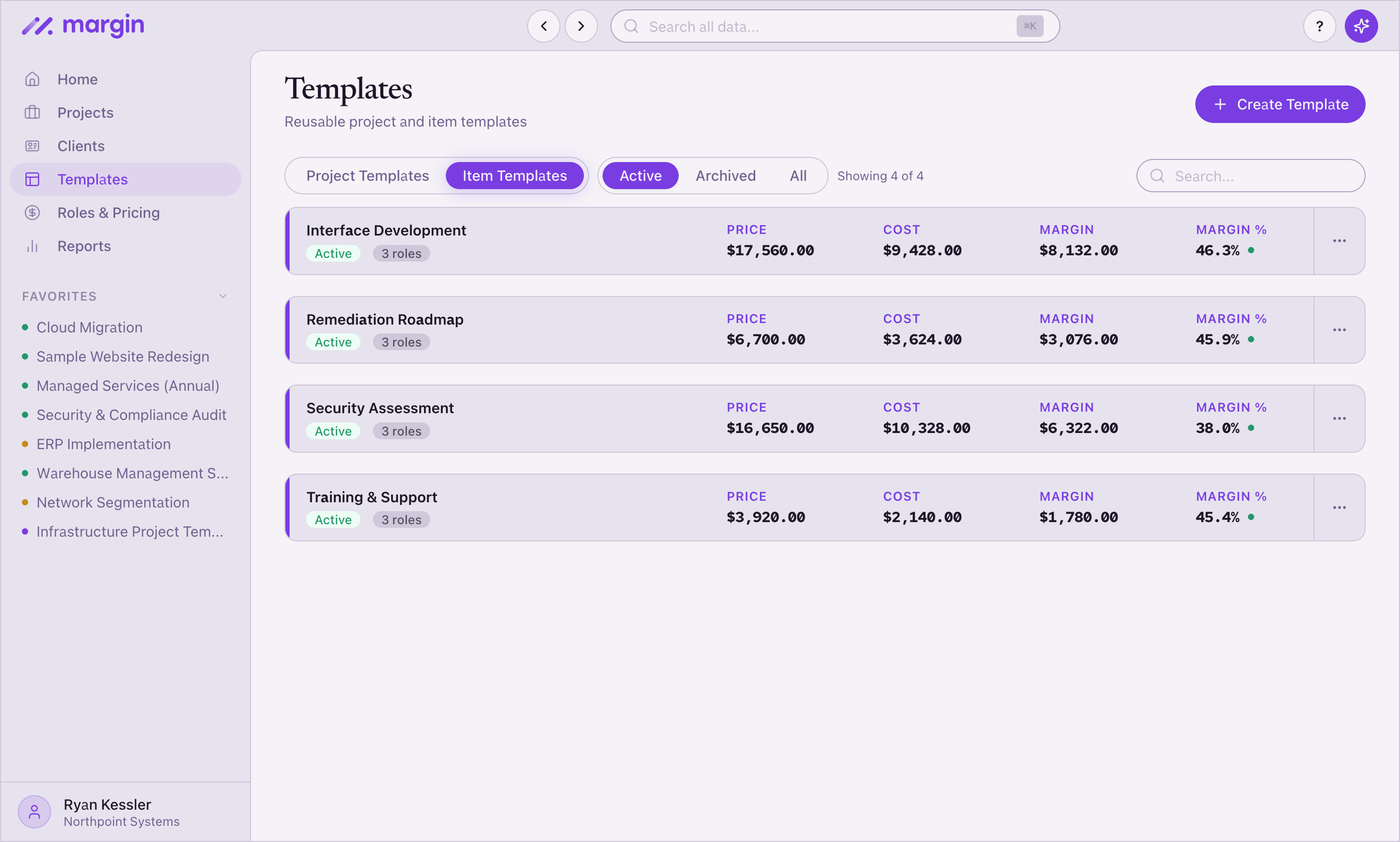 Templates listing in Margin — reusable project structures with activities, roles, and expenses