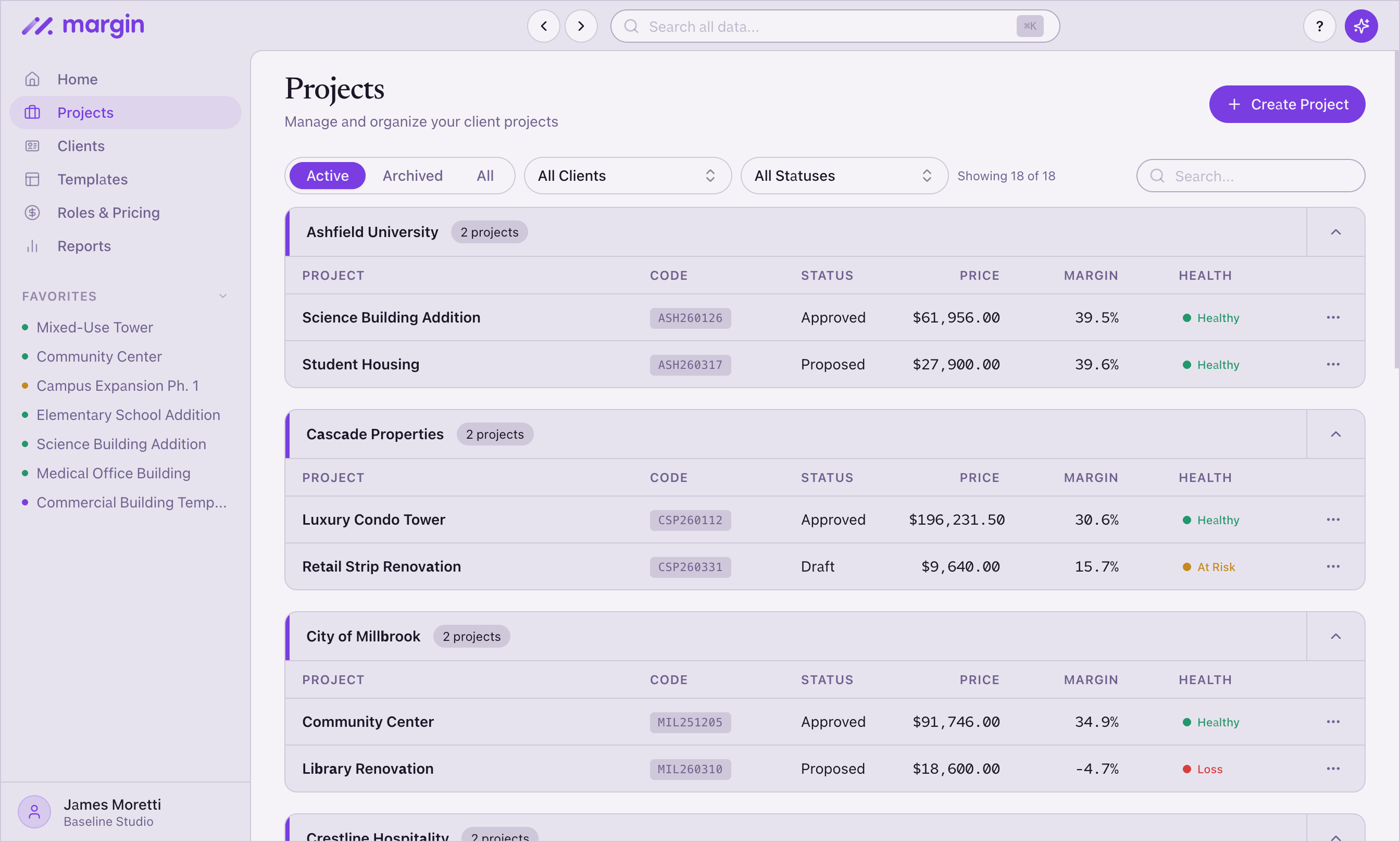 Architecture firm project portfolio in Margin with margin health and phase status across active projects