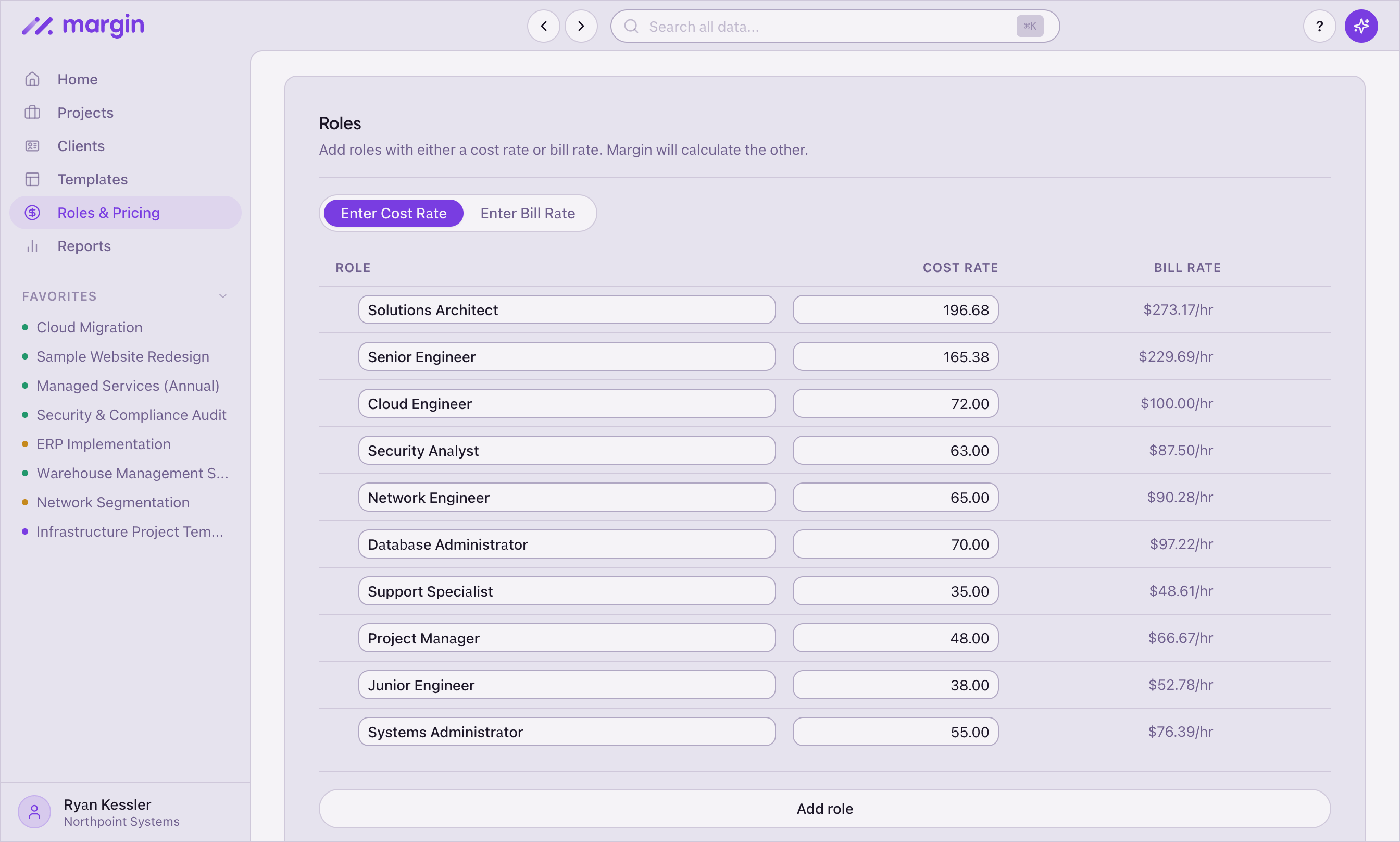 Roles and rates configuration showing Solutions Architect, Senior Engineer, Cloud Engineer, Security Analyst, and other IT service tiers each with their cost and bill rate