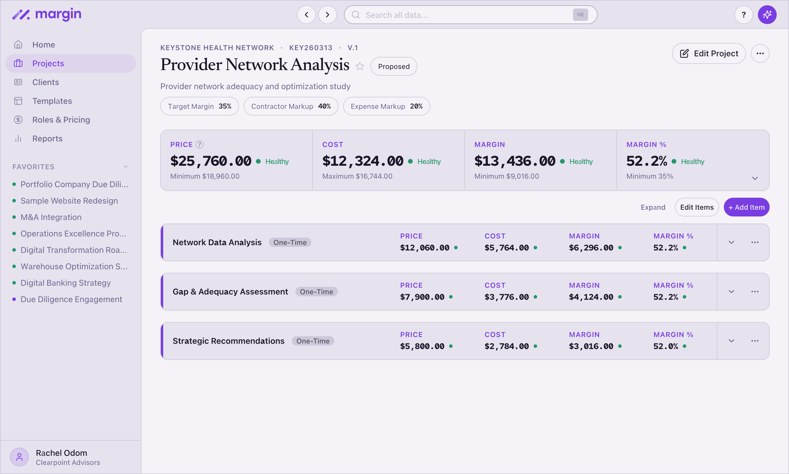 Margin project detail showing margin health and role mix for a management consulting engagement