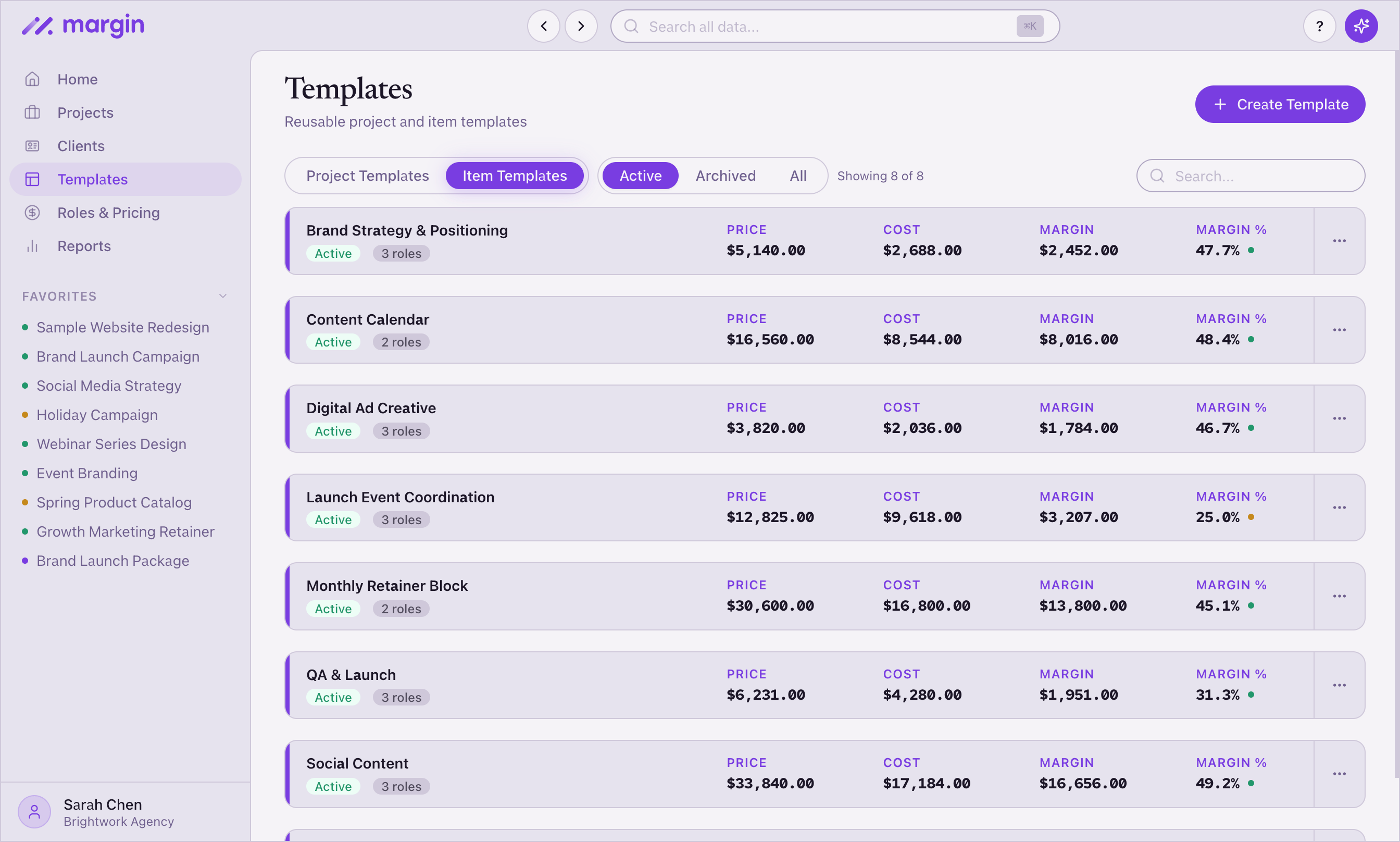 Margin's Item Templates list — Brand Strategy & Positioning, Content Calendar, Digital Ad Creative, Launch Event Coordination, Monthly Retainer Block, Quality Assurance & Launch, and Social Content, each with its own price, cost, and margin %