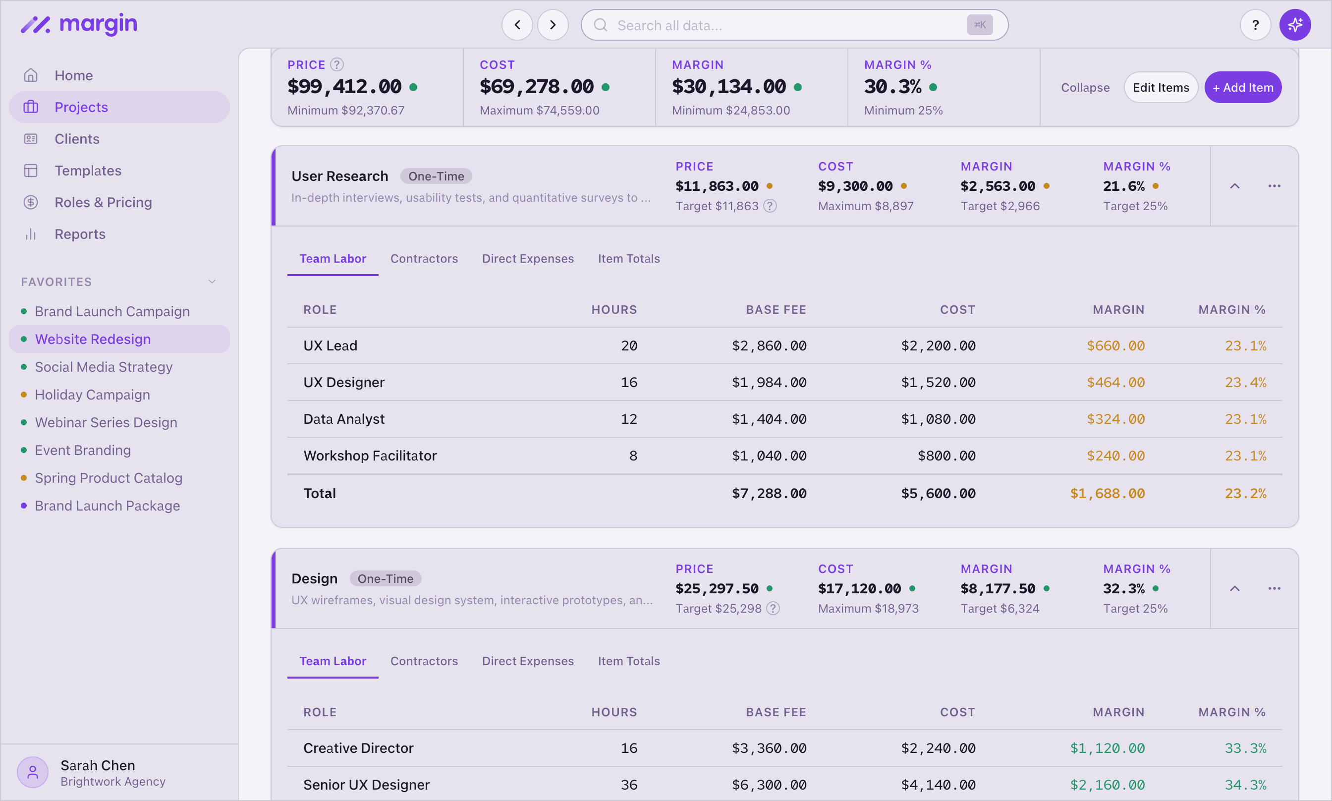 At-risk web build in Margin showing margin erosion against a fixed-price package
